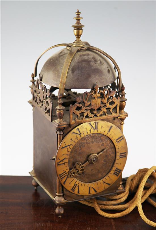 An early 20th century 17th century style brass lantern clock, 15.5in.